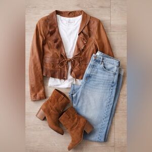 Genuine Lambskin Leather Cropped Jacket Brown Ruffle Tie Front Boho Moto S/P